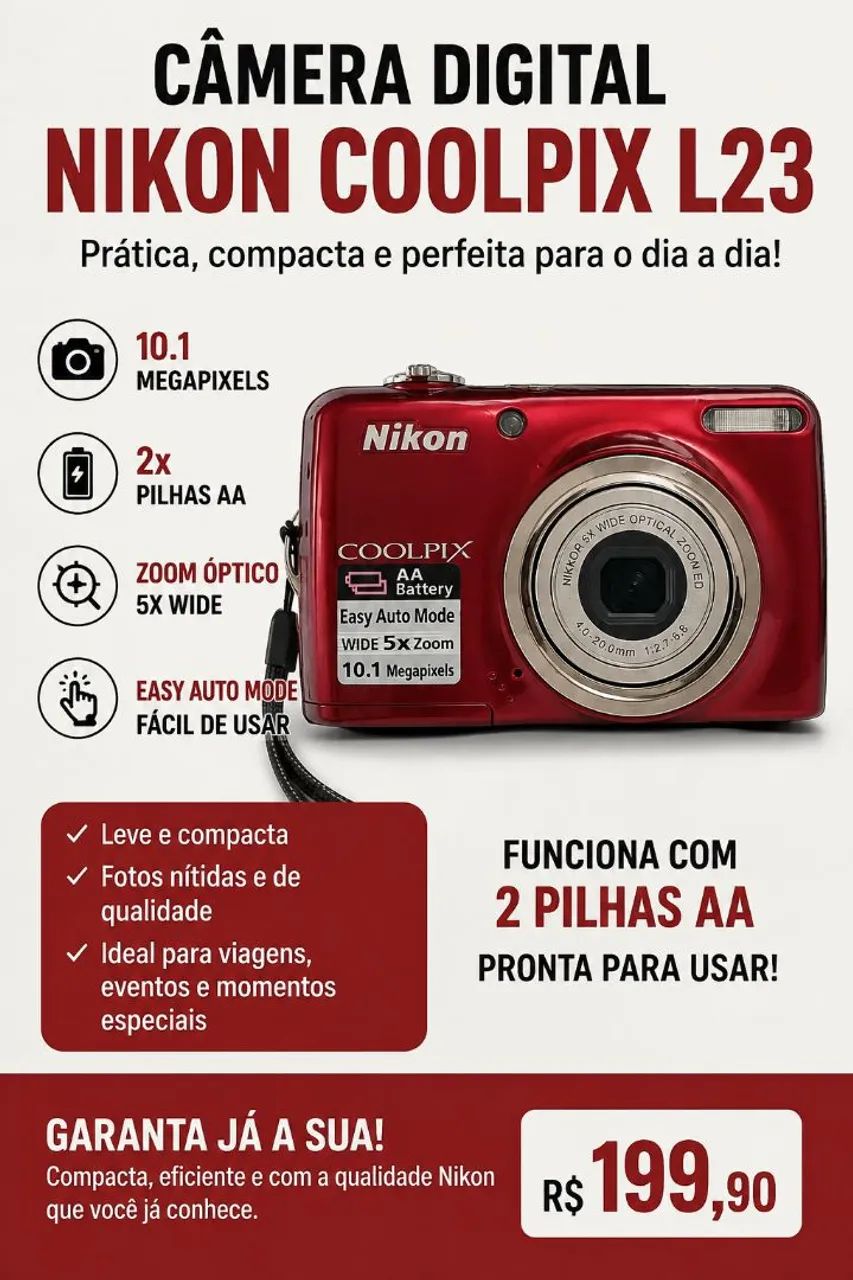 Câmera Nikon Coolpix L23 NA CAIXA COMPLETAMENTE NOVA - Câmeras e