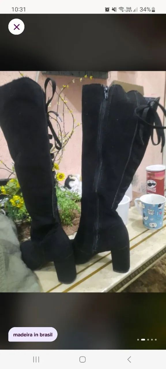 Bota cano alto com zíper e amarração 