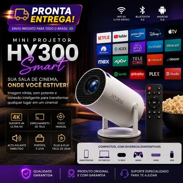 Mini Projetor HY300 4K Smart - Wi-Fi + Bluetooth