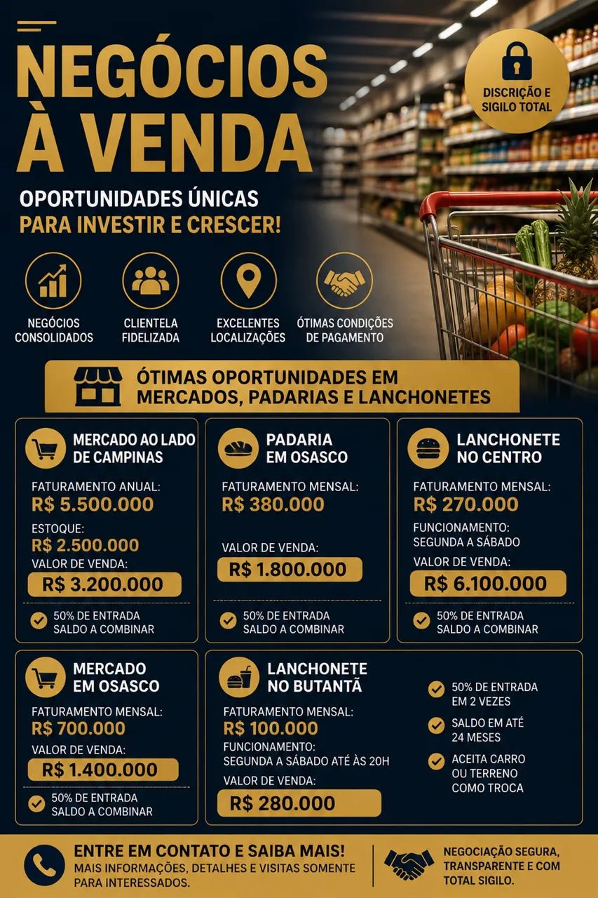 NEGÓCIOS À VENDA - MERCADOS, PADARIAS E LANCHONETES | SP