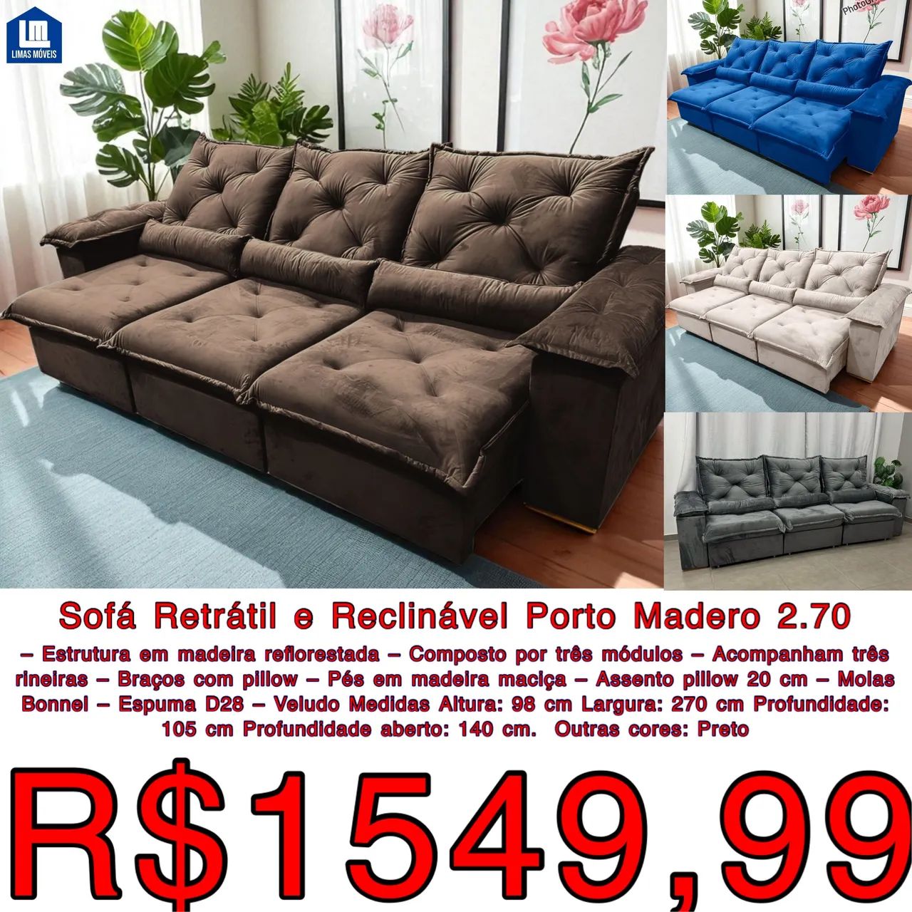 SOFÁ RETRÁTIL E RECLINÁVEL - NOVO