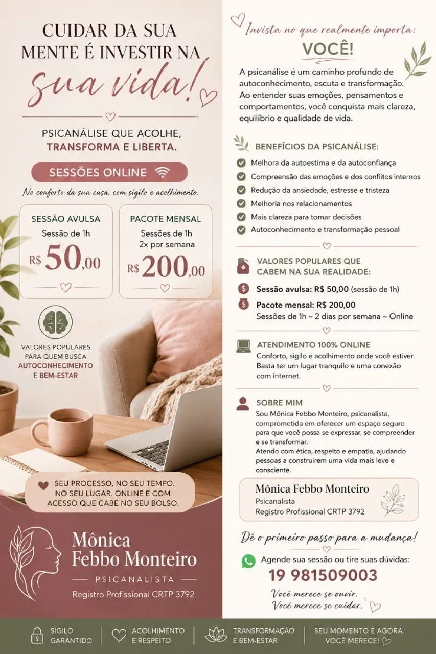 Psicoterapia - Psicanálise preço popular.