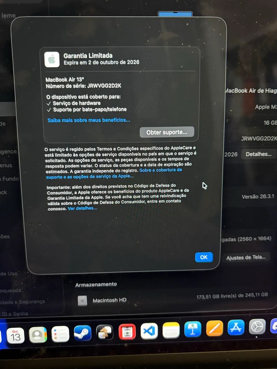 Macbook air m3 16/256gb 13 polegadas/ 100% de saúde de bateria e