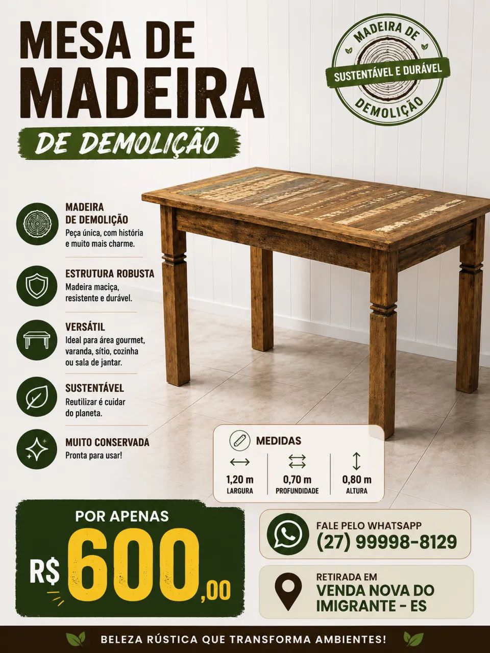 Mesa Madeira de Demolição 