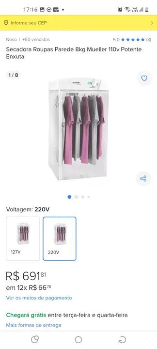 Secadora de roupas 8kg, 180 min - com zíper estragado
