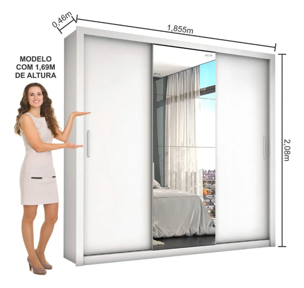 Guarda-Roupa Branco 2 Portas de Correr com Espelho