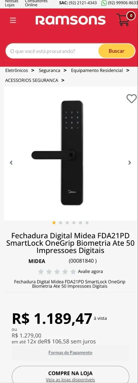 Fechadura Digital Midea Smartlock Onegrip FDA21PD - Preta (Nova) - Foto 6