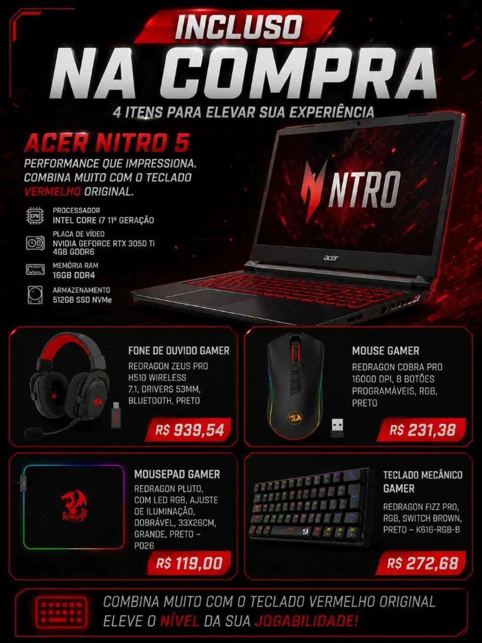 Venda/Troca | Notebook Gamer Acer Nitro 5 + Conjunto Red Dragon Original | Chama no Chat