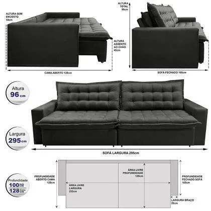 Sofá Sem Caixa Retrátil Reclinável 2,95m Cama inBox França Velusoft - Foto 4