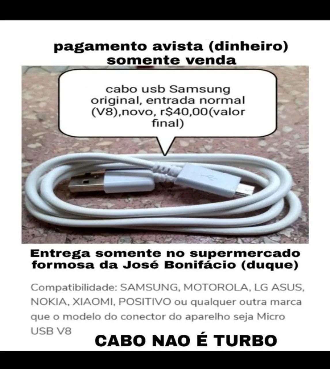 Cabo usb Samsung original micro usb V8 novo r$40(valor final)