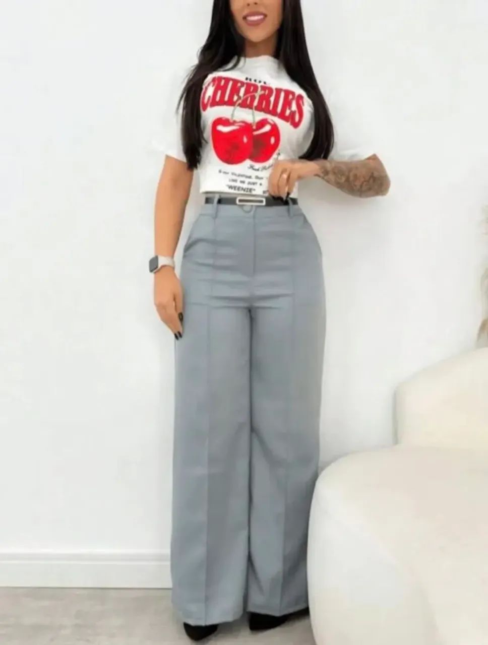 Calça feminina pantalona cinza - Foto 2