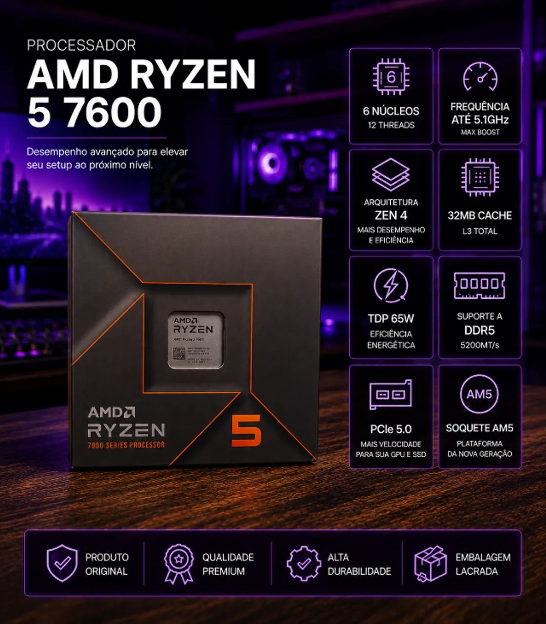 Processador AMD Ryzen 5 7600, 6-Core, 12-Threads, 3.8GHz (5.1GHz