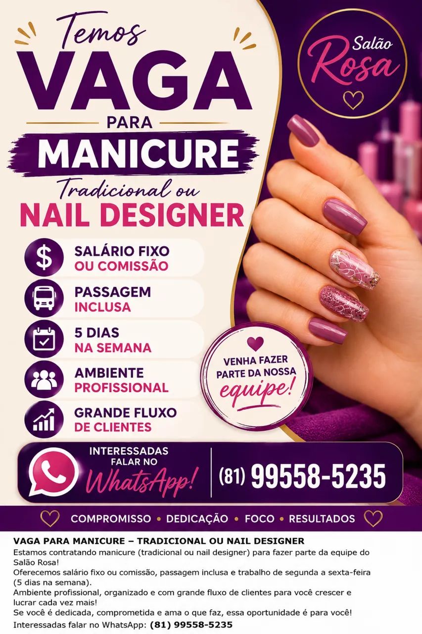     MANICURE E NAIL DESIGNER - CONTRATAÇÃO IMEDIATA