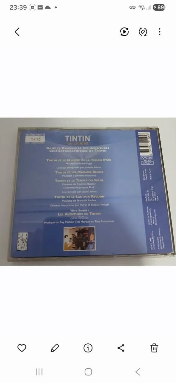 Cd trilha sonora importada original Tintin Au Cinema Numerada - Foto 2