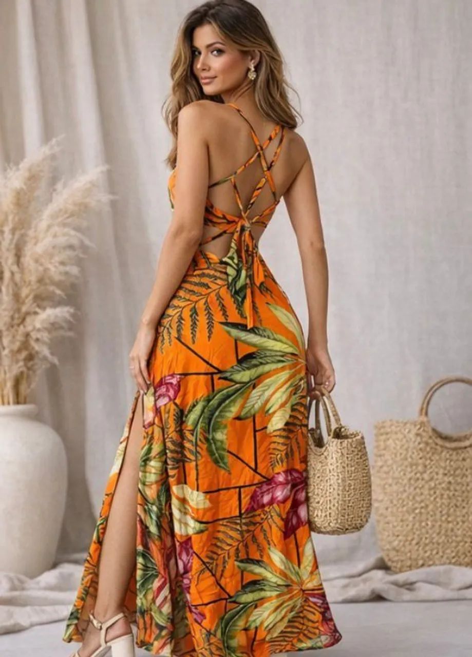 Vestido de Verão Tropical com Bojo - Alcinha Cruzada  - Foto 4