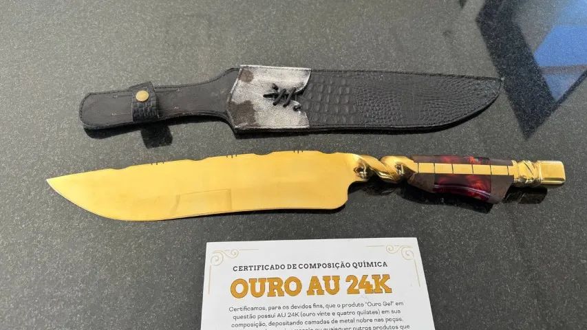 Faca Full Gold 24k Forjada 14' Polegadas + Bainha em Couro - Foto 2