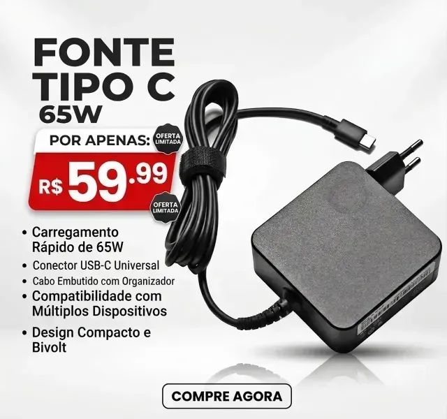 Fonte Notebook Tipo C 65W