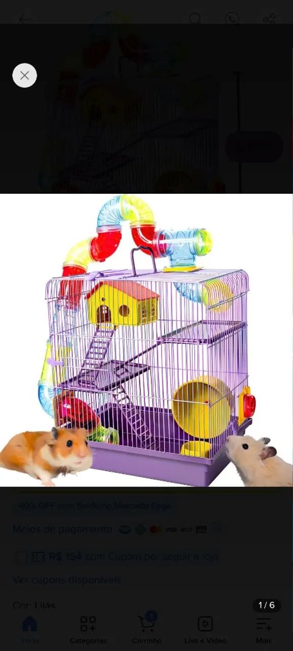 Gaiola hamster 3 andares completa com casinha e roda.