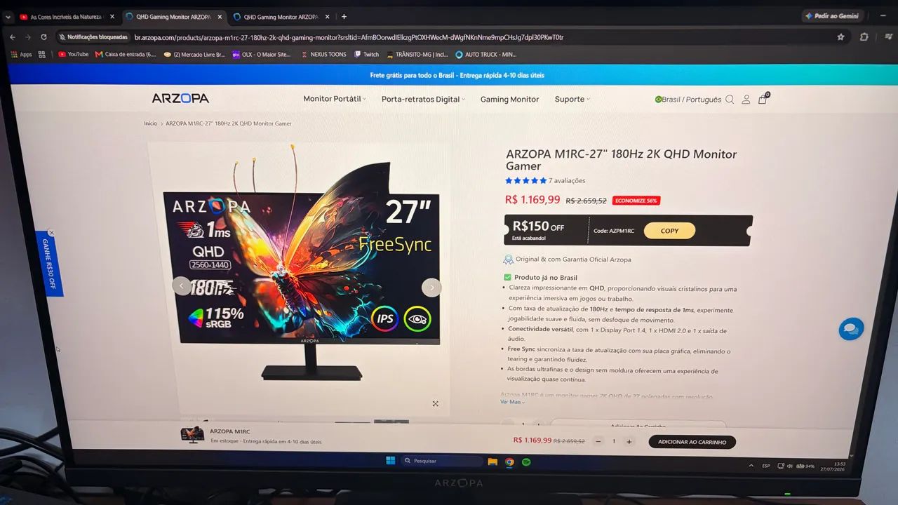 Monitor gamer ARZOPA  27 polegadas 1ms 180hz - Foto 5