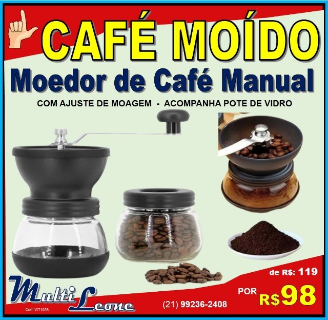 Moedor De Café Manual com ajuste de moagem Inox Cerâmica e pote de Vidro