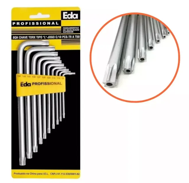 Kit De Chave Torx L 10pç Com Furo Profissional T9 A T50