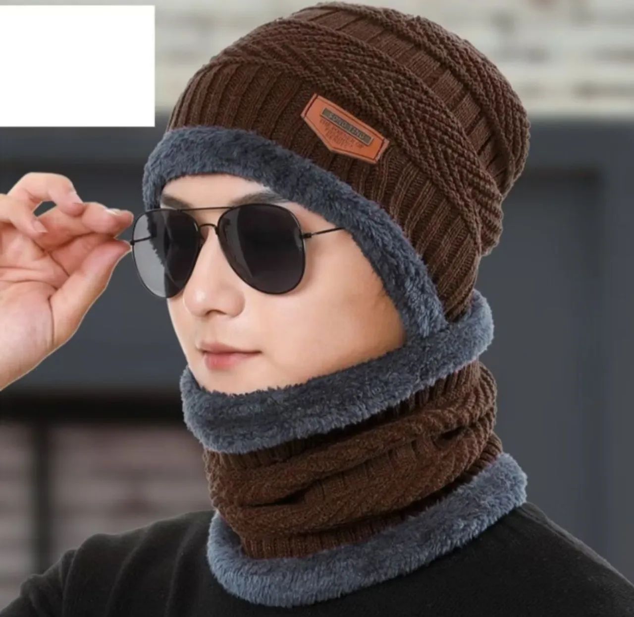 Conjunto de gorro e cachecol de inverno masculino - Foto 4