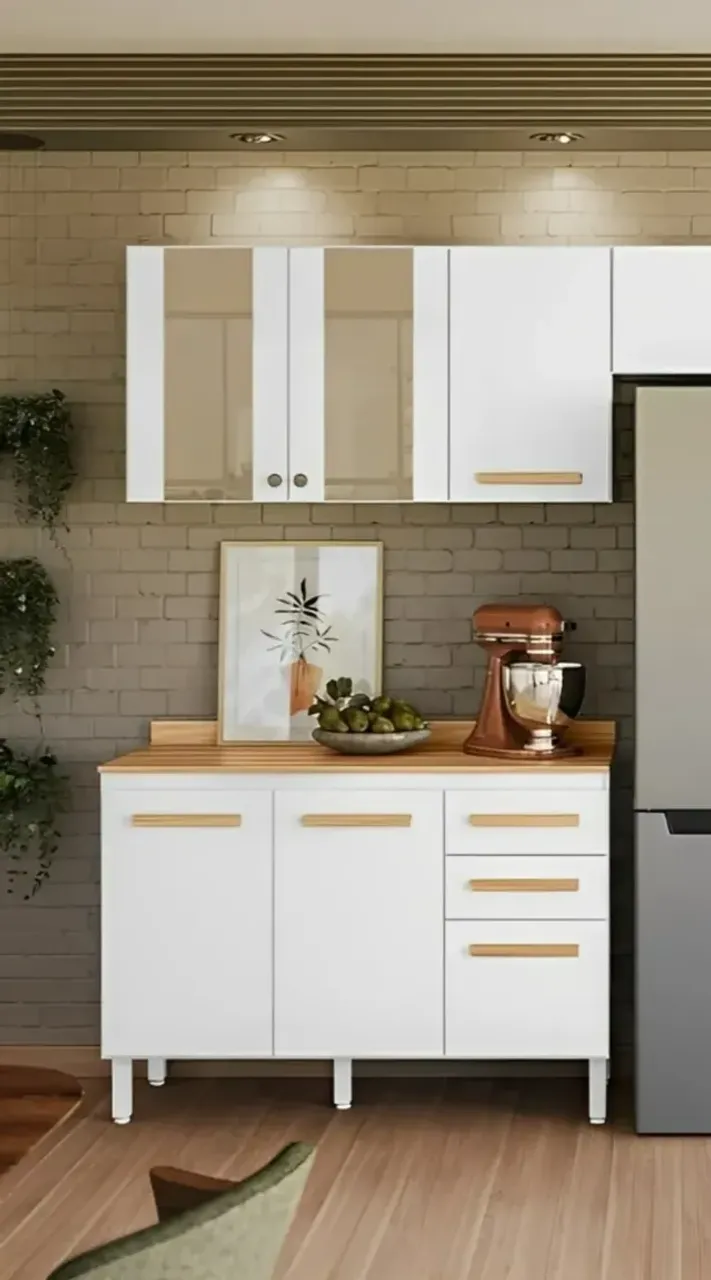 Conjunto Balcão com Aéreo Intenza Branco com Vidro Reflecta