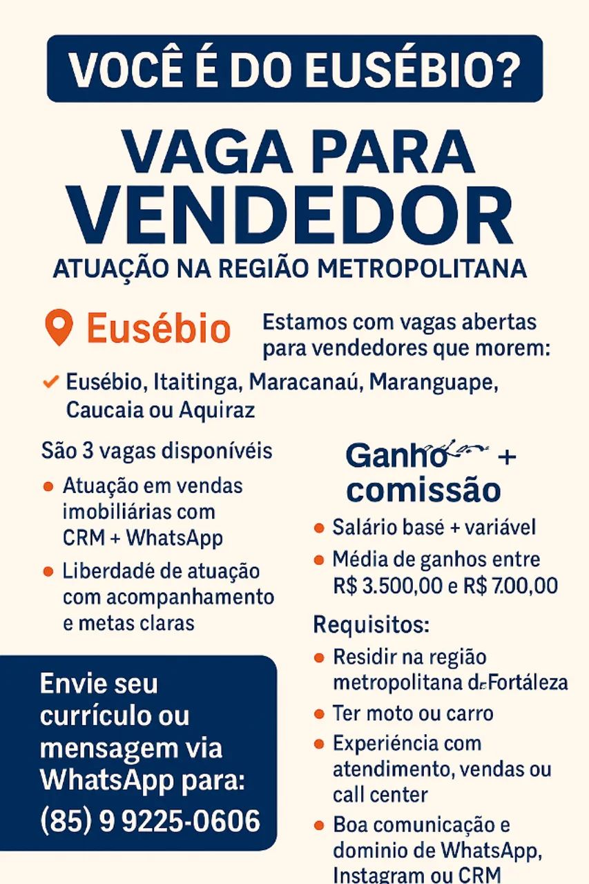 VAGA PARA VENDEDOR (CLOSER) - FIXO + VARIÁVEL