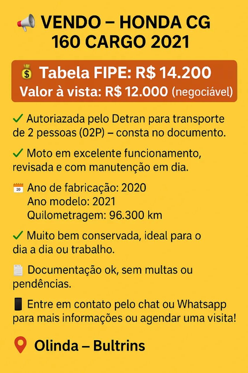 Honda CG 160 Cargo 2021-com autorização do Detran para transporte de 2 pessoas. - Foto 2