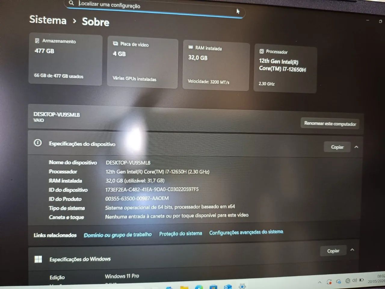 Notebook Gamer VAIO i7 12ª Geração | 32GB RAM | RTX 2050 | SSD