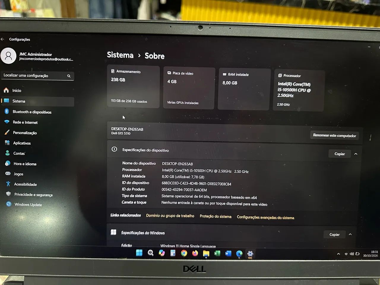 VENDO NOTEBOOK DELL G15 5510 SEMINOVO