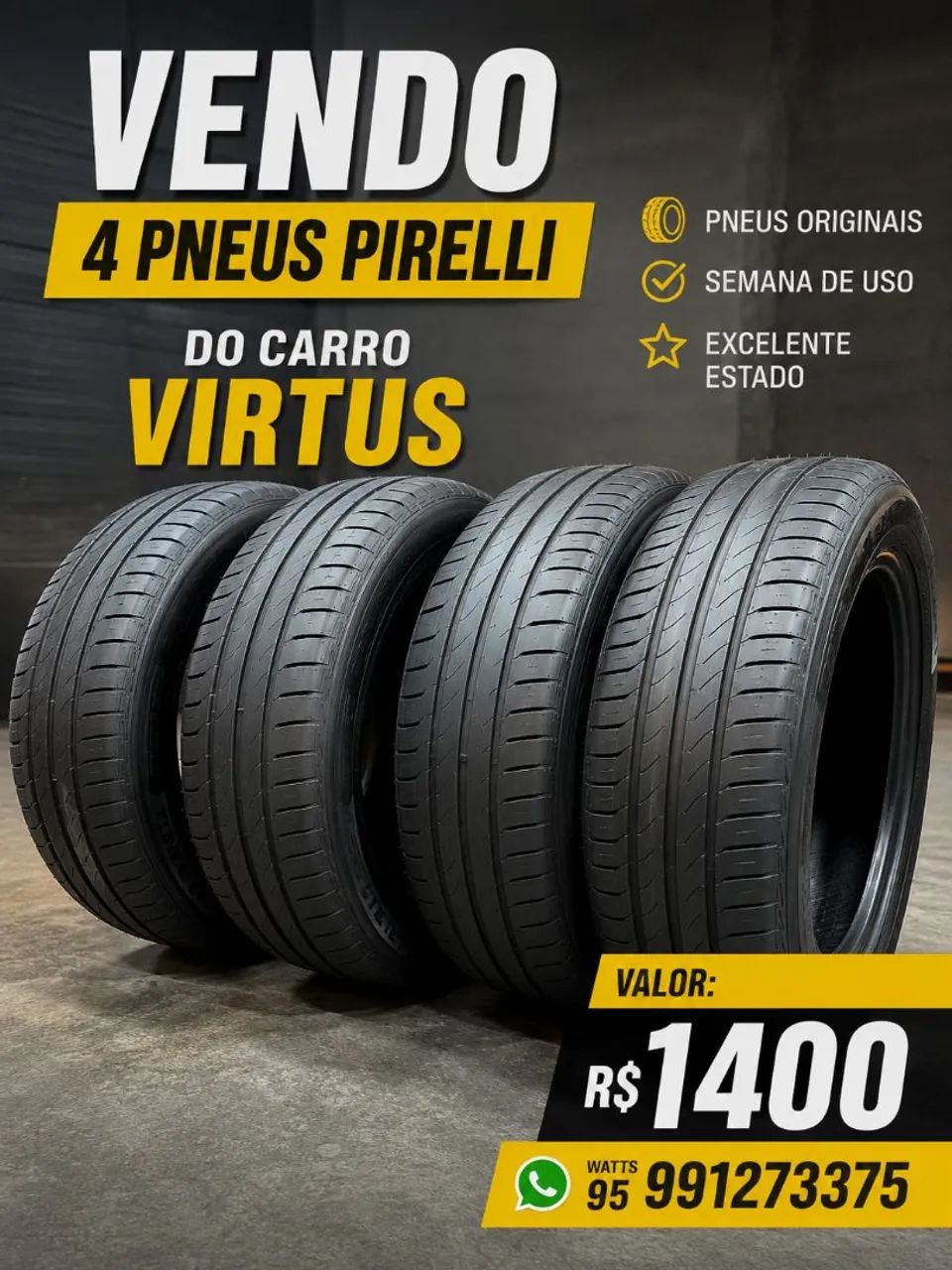 4 pneus Pirelli seminovos do carro virtus 
