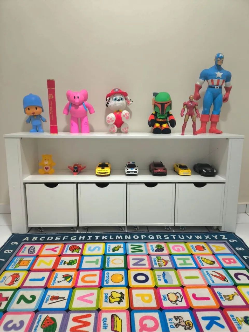 Organizador infantil 4 baus porta livros e carrinhos 
