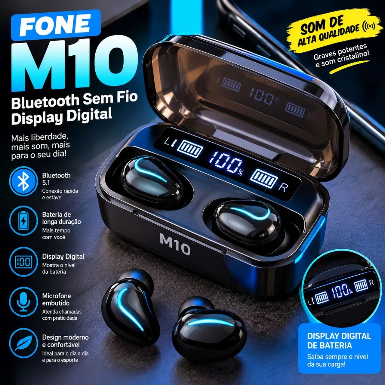 M10 Fone - Bluetooth Sem Fio Display Digital - Foto 2