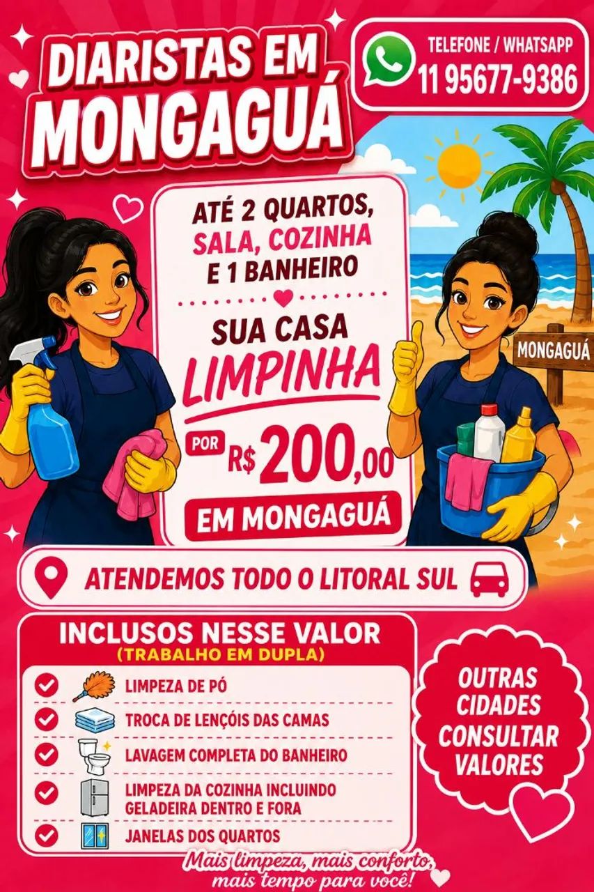 Diarista em Mongaguá, trabalho em dupla