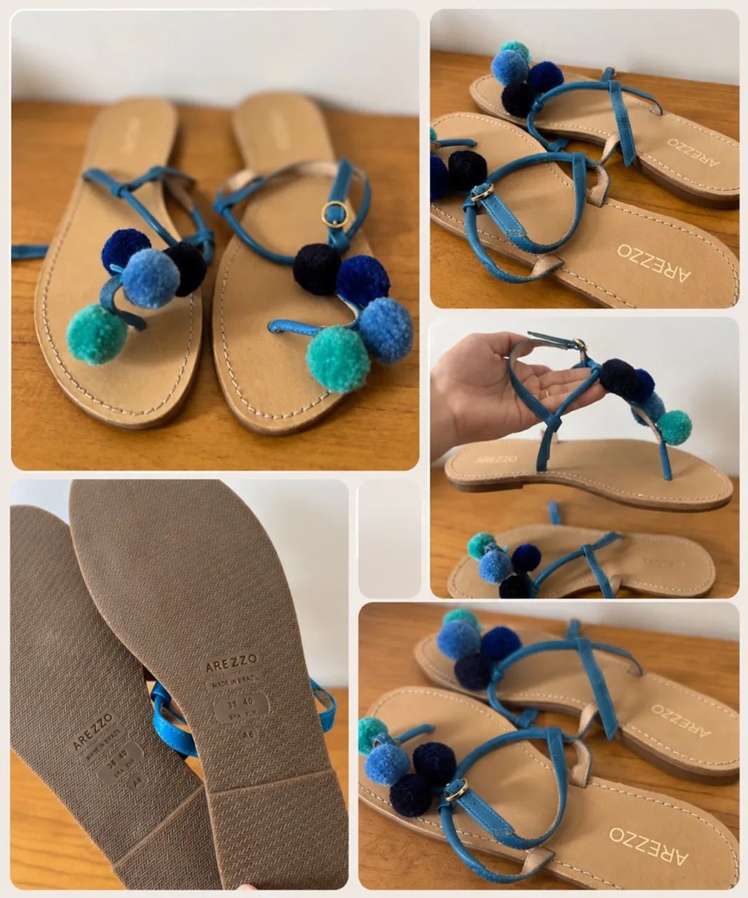 Rasteirinha Arezzo Azul com Pompons Coloridos  - Foto 2