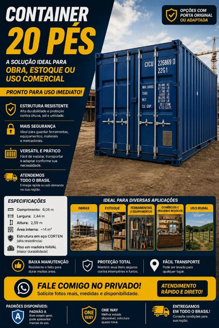 Container 20 pés para obra, estoque e uso imediato
