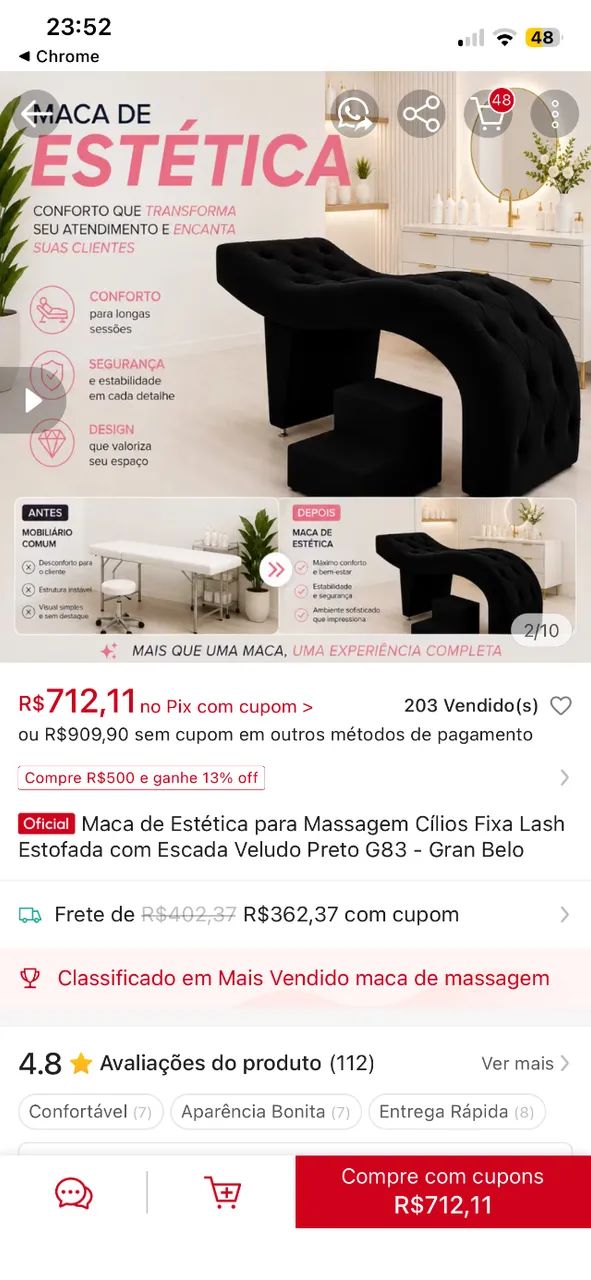 Maca estética em couro com mocho e escadinha, cor preta . Semi nova 