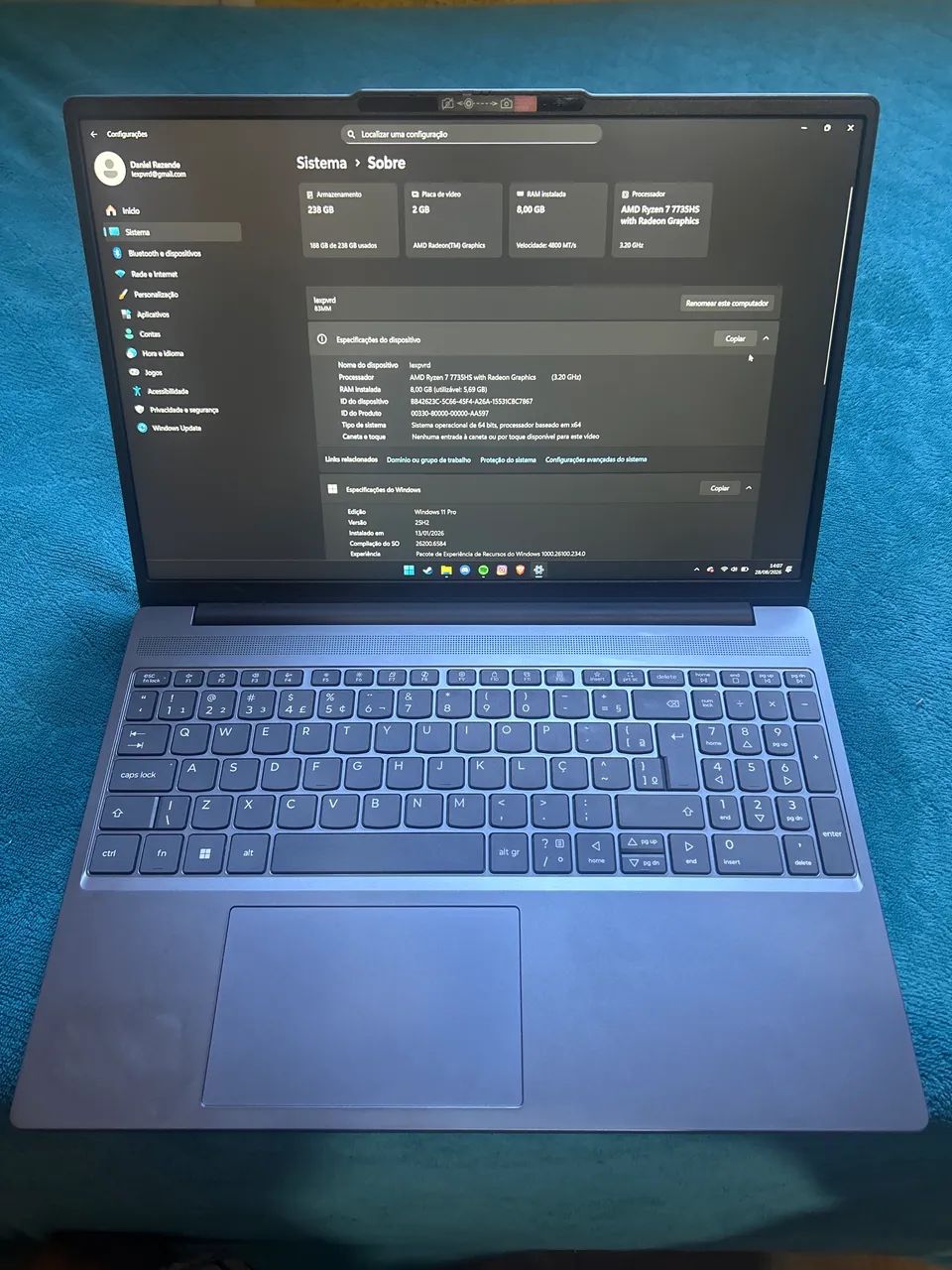 notebook Levono Slim3 Ryzen 7 7735hs com Windows 11 Pro