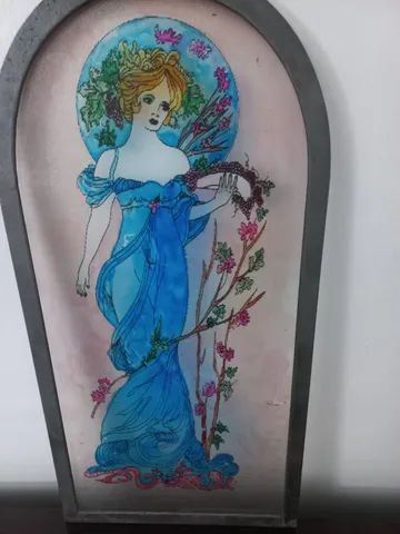 Quadro antigo pintura no vidro moldura ferro 