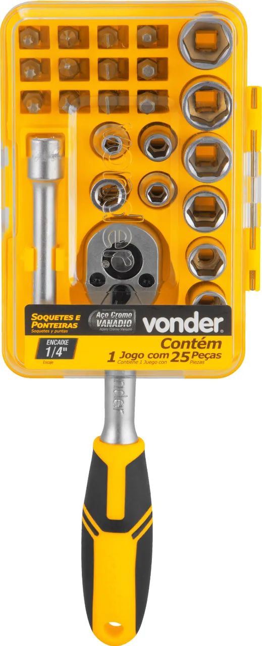 Jogo de soquetes e ponteiras com encaixe de 1/4", 4 mm a 13 mm, com 25 peças VONDER  - Foto 2