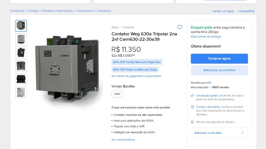 contator weg 3p cwm630-22-30e39 900a - pn 11747434 - Foto 2