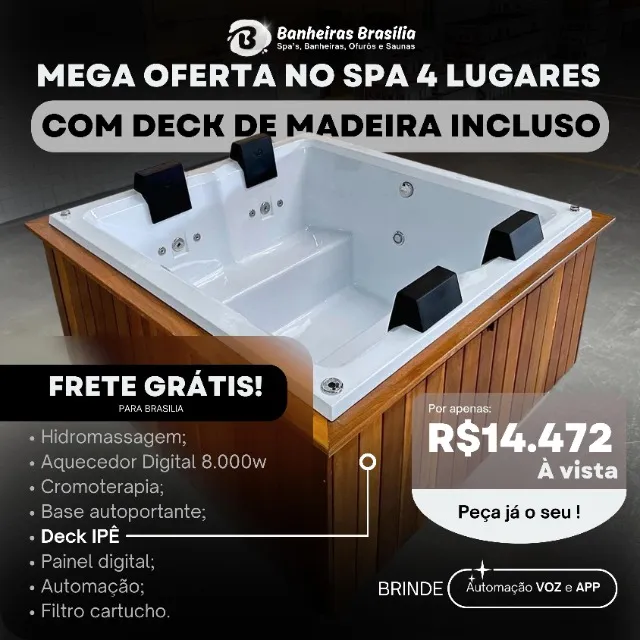 Spa de 4 lugares com Deck em Madeira (jacuzzi, Ofurô, banheira) com hidro e aquecedor.