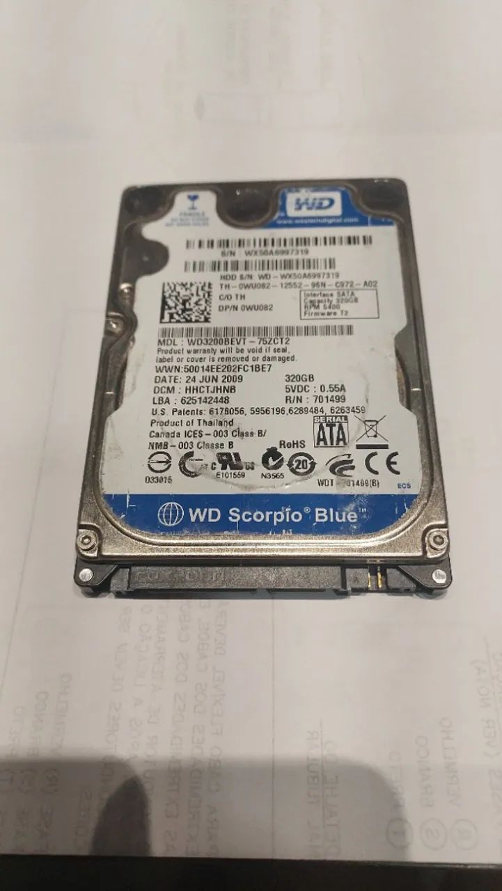 HD Western Digital (WD) 320GB SATA2.5" - Testado e Saudável