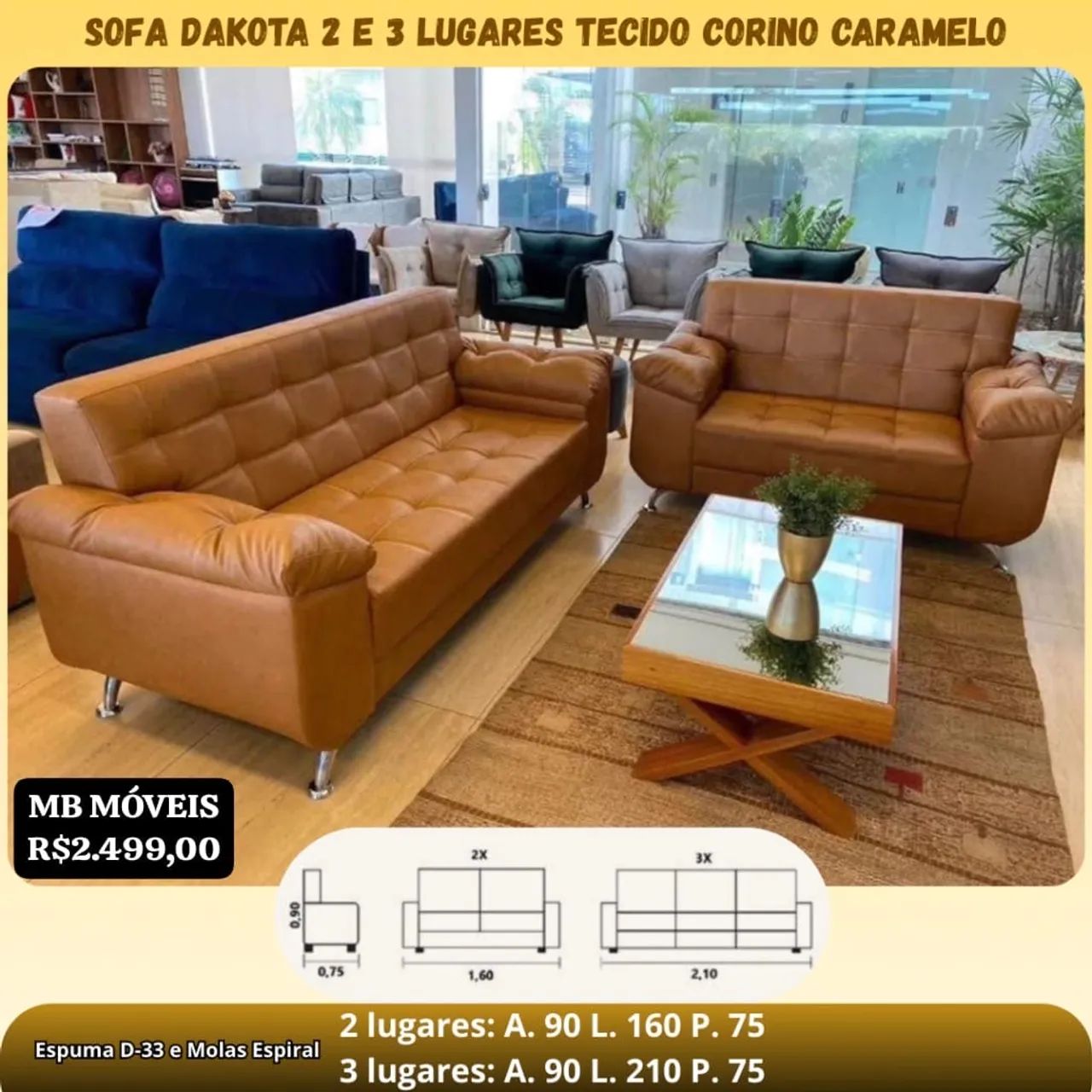 SOFA DAKOTA 2 E 3 LUGARES TECIDO CORINO CARAMELO