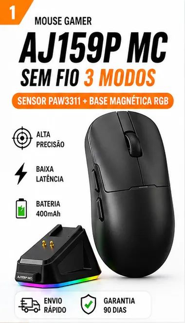 Mouse Gamer AJAZZ AJ159P MC Tri-Mode (Sem Fio/Bluetooth) + Base Magnética