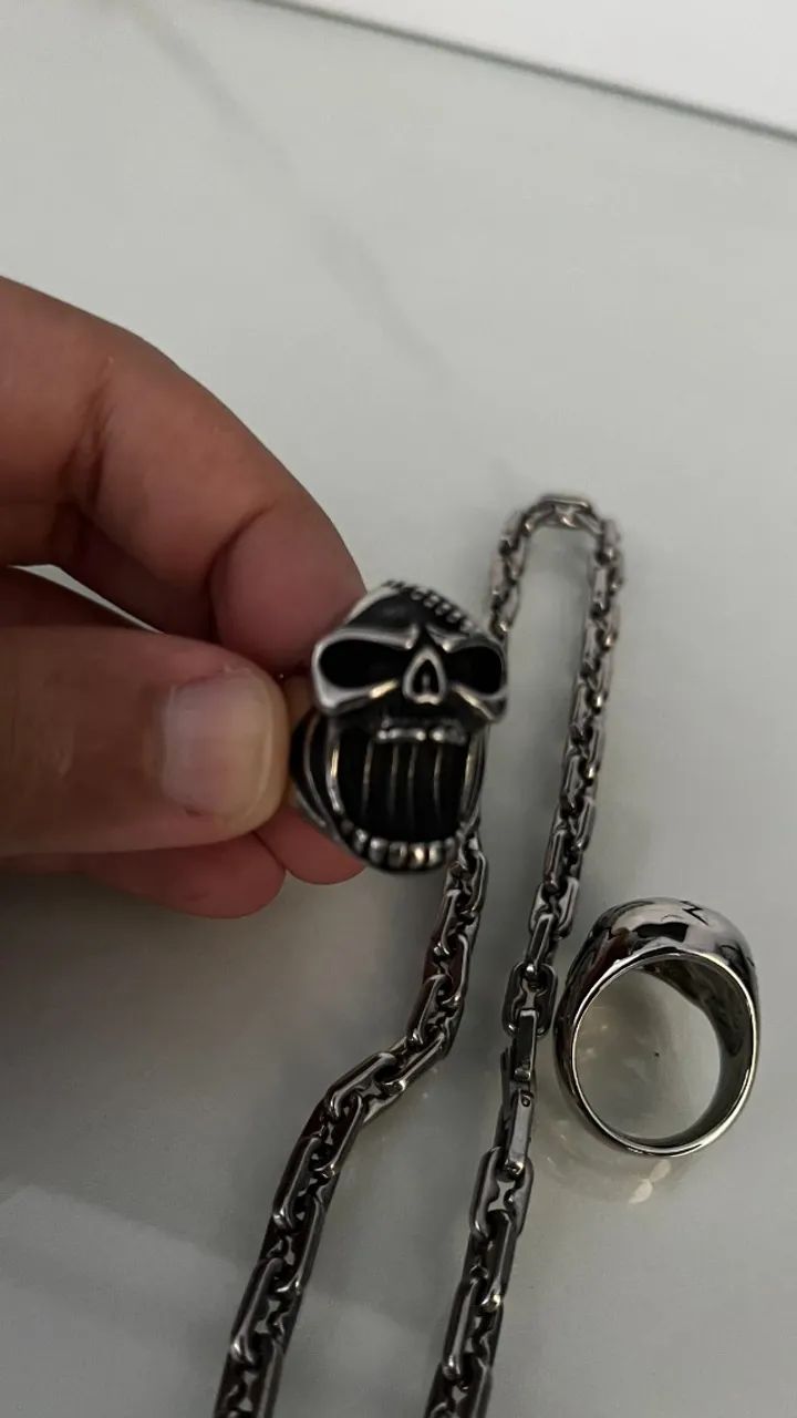 Kit Caveira de Elite: Corrente + 2 Anéis em Aço Inoxidável - Foto 3