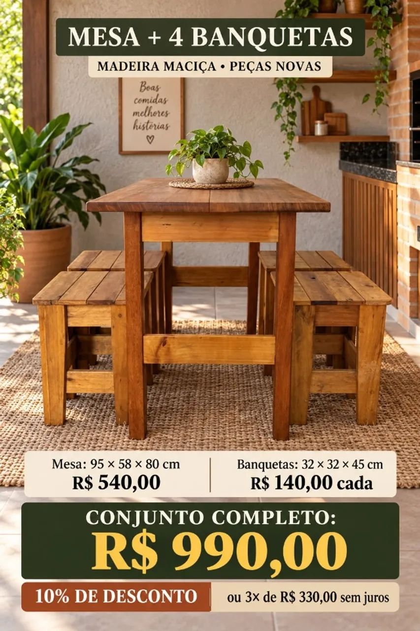 MESA EM MADEIRA MACIÇA + 4 BANQUETAS
