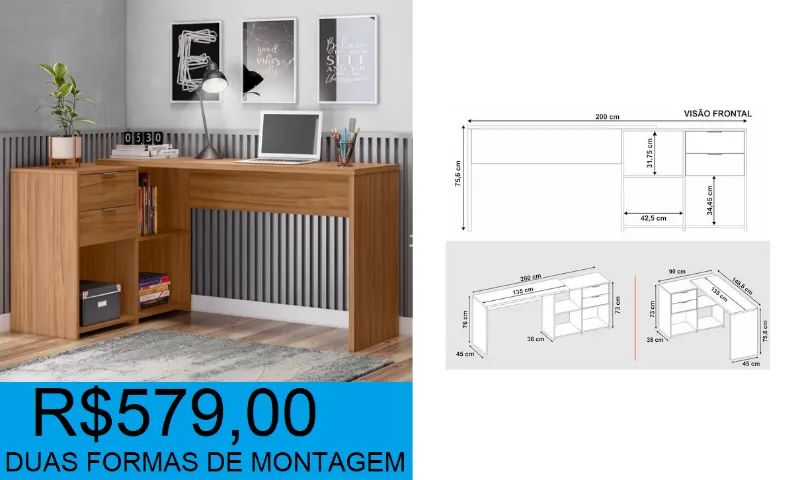 Escrivaninha em L duas gavetas - compre hoje e receba em até 72h  - Foto 3