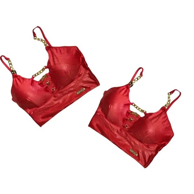 Sereia da Terra Cropped Correntes Douradas Bojo Moda Vermelho - Foto 3